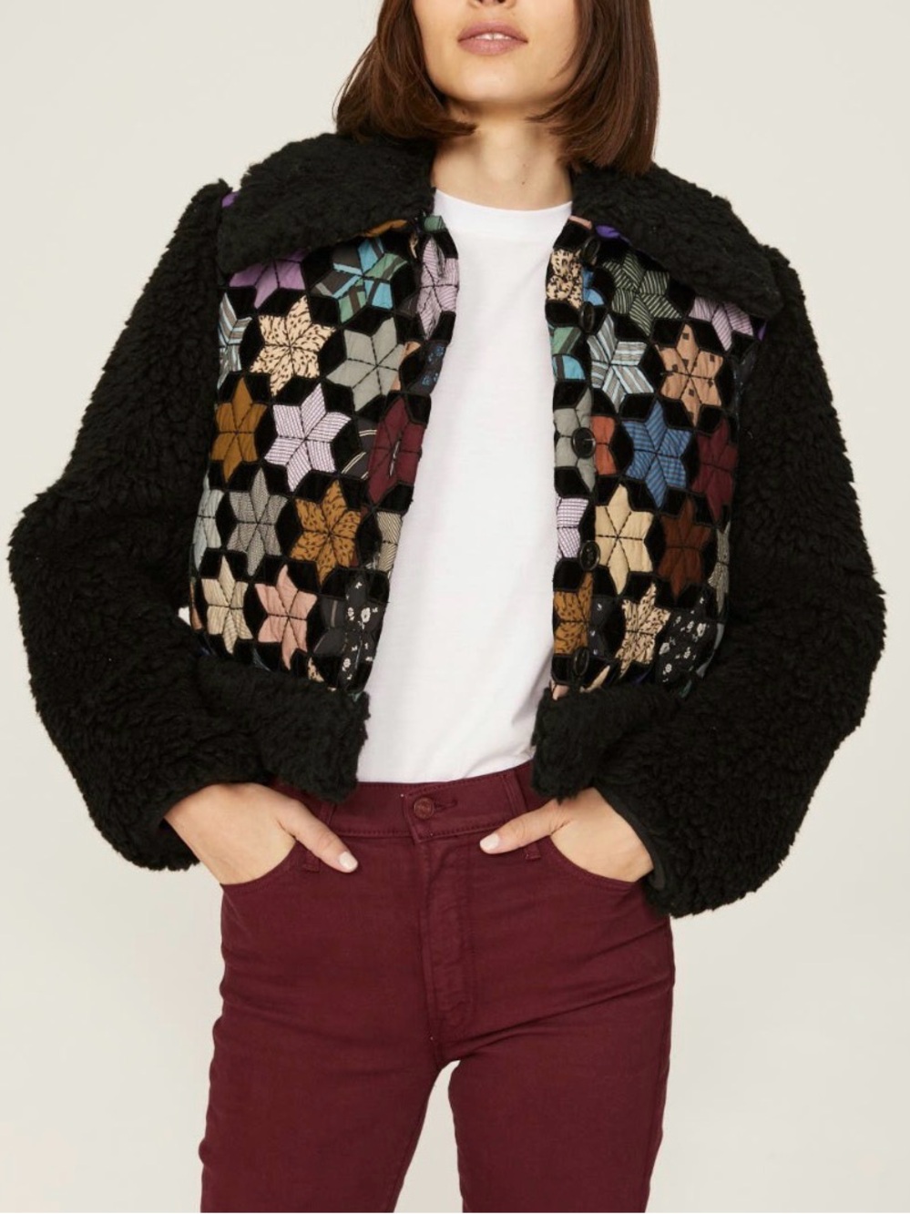 SEA NY Estrella Combo Jacket sherpa fleece cropped Quilted Cottagecore